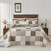 SahSahCasa 128"x120" 100% Cotton Oversized California King Bedspread Coverlet Quilt Set, Patchwork Plaid Cal King Quilted Bedspread Extra Large Quilt, XL Bed Spread Lightweight Comforter, Khaki