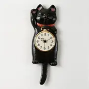 Japan Lucky Cat Manekineko Wall Pendulum Clock Black Cat Pottery Seto 40x13x4cm