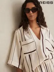 Reiss White/Brown Carlotta Stripe-Print Relaxed V-Neck Shirt (AV5117) | $195
