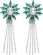 uxcell 2Pcs Rhinestone Crystal Applique, 11 x 4cm Crystal Fringe Shoulder Epaulette Tassel Chain Sewing Applique Patches for Party Dresses Clothes Shoes DIY Craft, Blue Green