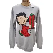 NWT Peanuts Lucy Holding Red Christmas Gift Gray Crew Neck Sweatshirt Women's M