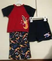 WONDERKIDS BOYS 12 MO PAJAMA 3PC RED TOP/BLUE SHORTS/SPACE SHIP THEME PANTS NWT