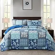 NEWLAKE Cotton Bedspread Quilt Sets-Reversible Patchwork Coverlet Set, Chic Floral Paisley Pattern, Queen Size