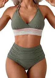 [Sangdut] Bikini Sets for Women Halter Deep V Neck Swimwear Backless High Waisted Two-Piece Swimwear Set Tummy Control Bikini