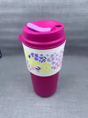 Tupperware ECO To Go Travel Cup Tumbler 16oz Pink Floral Removable Sleeve~New