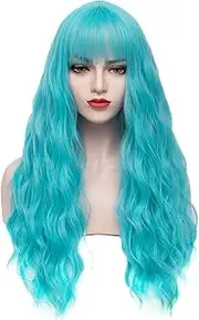 PATTNIUM Teal Blue Wig Long Curly Wavy Wig Light Blue Wigs with Bangs Women Girls Synthetic Cosplay Party Costume Wigs (Teal Blue)