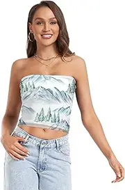 [RPLIFE] Soft Watercolor Mountains Pastel Green Cropped Tube Top, Strapless Going Out Top, Sheer Tube Tops, Sexy Tube Tops (S)