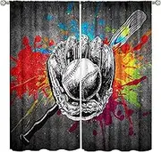 Tie Dyed Baseball Bat Curtains for Kids Boys Teens, Colorful Hippie Sports Curtains & Drapes Living Room Decor, 42x45 inch Blackout