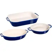staub Oven Safe Ceramic Casserole Dish Set Scratch Resistant Dark Blue 3-Pc