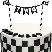 Race Car Cake Topper, Black and White Checkered Race Flag Cake Topper Banner Fast Two Birthday Cake Decorations for Boys Girls Racing Car Theme Party Supplies