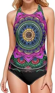 [AIXIWAWA] Women's Tankini Tops-Mandala Floral, Swimsuit Top for Beach Pool Vacation S