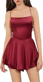 [Ｗoowayo] Women Off Shoulder Satin Short Jumpsuits Sleeveless Halter Cross Tie-Up Ruffle Double Layer Romper Culottes Shorts (B Pink, S)