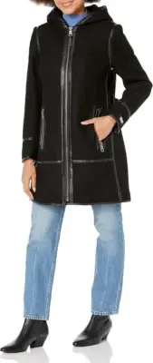 NWT DKNY $400 BLACK BOUCLE WOOL BLEND HOODED COAT SZ M MEDIUM