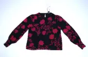 Sanctuary Womens Black Floral Print Full Semi Sheer Sleeves Popover Top Shirt S
