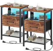 Night Stand Set 2, End Table with Charging Station, LED Bedside Table with Fabri