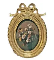Ornate Gold Oval Mini Picture Frame With Bow Accent & Floral Print