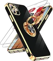 LeYi for iPhone 11 Case: with Tempered Glass Screen Protector [2 Pack] 360° Rotatable Ring Holder Magnetic Kickstand, Plating Rose Gold Edge Protective iPhone 11 Case, Black