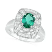 Oval Lab-Created Emerald and White Sapphire Cushion Frame Art Deco Antique Vintage-Style Ring in Sterling Silver