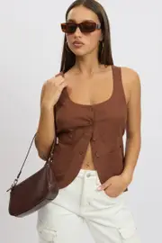 Brown Linen Vest Tailored - Size 6XXS, Women's Jacket