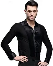[YILINFEIER] Men Long Sleeves Black Velvet Latin Ballroom Dance Shirts Suit Chacha Rumba Samba