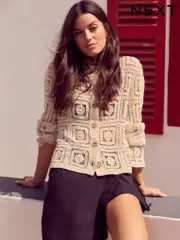 White Ecru Smart Square Crochet Button Up Jacket (AH7091) | $86