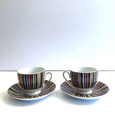 2) Colorful Pinwheel Baum Bros Formalities Espresso Demi-tasse Cups & Saucers