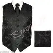Black XS to 6XL Paisley Tuxedo Suit Dress Vest Waistcoat & Neck tie & And Hankie