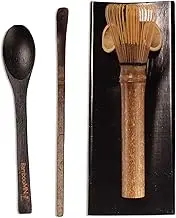 BambooMN Matcha Whisk Set - Skinny Black Chasen (Tea Whisk), Tray, Chashaku (Hooked Bamboo Scoop), Tea Spoon - 1 Set