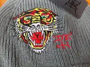 Ed Hardy Tiger BIG Graphic Embroidered Knitted Unisex Beanie Hat Grey Gray NWT