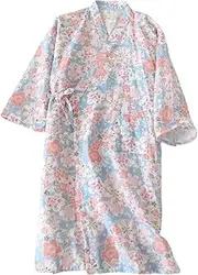 [YMMMY ROSE] Cotton Kimono Robe Women Bathrobe Sleepwear Nightgown Soft Lightweight Yukata Lounge Robe Knee Length Spa Pajamas