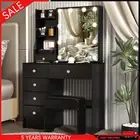 Bedroom Makeup Desk Dressing Table Black w/ Mirror Stool Vanity Set 10 LED Bulbs