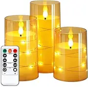 Flickering Flameless Candles: Built-in Star String Lights Unbreakable 3D Wick Acrylic Battery Operated LED Pillar Candles with Remote and Timer for Romantic Mood Home Decoration (Gold, 4" 5" 6")