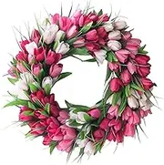 Front Door Wreath, 20 Inch Artificial Assorted Tulips Wreath with Green Leaves Spring Summer Garland for Party Wedding Door Decorations-