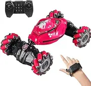 linzezon 2.4G Dual Mode RC Car, Gesture Sensor RC Stunt Car, Drift Double Sided 360° Rotating Buggy with Lights and Music, USB Charging, Birthday Gifts for Boys and Girls (Rose Red with Watch)