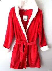 ROUDELAIN Hooded Faux Sherpa Faux Fur Wrap Robe Size Medium CrimsonRed Retail$58