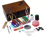 Home Sewing Kit Wooden Sewing Box Wooden Sewing Basket with Repair Accessories