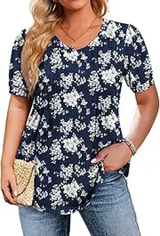 [IN'VOLAND] Plus Size Tops for Women Summer Puff Short Sleeve Tunic Pleated V Neck Shirts Casual Floral Solid Blouse
