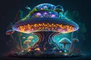 Alien UFO Mushroom Trippy UV tapestry, Blacklight Reactive Psychedelic Tapestry