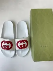 GUCCI Womens Pursuit Slides White Red Leather GG Logo Flip Flop Sandal 39, US 9