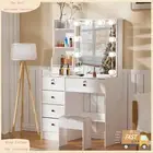 White Dressing Table Makeup Vanity Stool with LED Slide Mirror and 6 Drawers