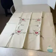 Shanghai Vintage Hand Embroidered Linen Square Tan Tablecloth NWT