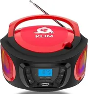 KLIM Boombox Portable Audio System - New - FM Radio CD Player Bluetooth MP3 USB AUX - Includes Rechargeable Batteries - Wired & Wireless Modes - Compact and Sturdy - Red