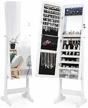 Giantex Freestanding Jewelry Storage Armoire, Lockable Jewelry Armoire Organizer, Full-length Frameless Mirror, Acrylic Drawers, Inner Makeup Mirror, Lipsticks Tray, LED Lighted Mirror Jewelry Storage