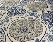 SCHUMACHER BLUES "KATSUGI" LINEN & COTTON JAPANESE INSPIRED PRINT FABRIC