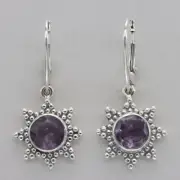 Round Purple AMETHYST Sun Dangle Earrings Leverback - 925 STERLING SILVER #56e