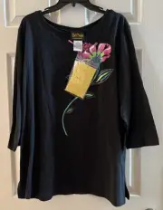 Bob Mackie Top Womens XL Black Flower Art To Wear Sparkle Casual New