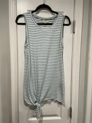 NWT Cupio Size M Aqua Blue White Stripe Tie Front stretchy Tunic Tank Top