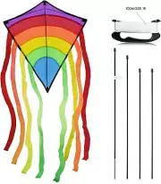 Rainbow Diamond Kite for Kids & Adults, Easy to Fly Kite with 8 Long Tails and 1