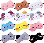 12 Pieces Cute Eye Mask Soft and Lightweight Cartoon Cat Face Eye Cover Kawaii Sleeping Mask Funny Animal Night Masks Blindfolds for Women Men Kids Adults Sleeping Travel and Games, 12 Designs