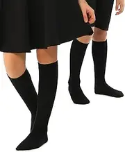 [Hugh Ugoli] Knee High Cotton Socks for Girls Boys and Toddlers, Solid Color Long School Uniform Socks 3-14 Years Old, 4 Pairs, Black (Regular), 12-14 Years